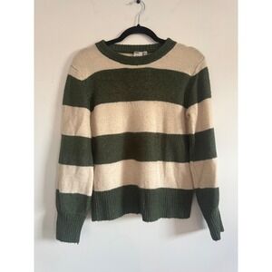 ICHI Women's Small Striped Sweater Green Cream Crewneck Knit Pullover Nordic